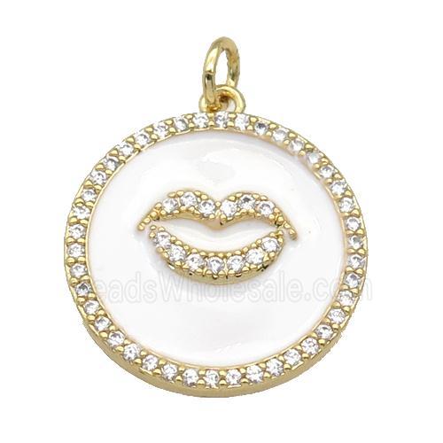 copper circle Lip pendant paved zircon, white enamel, gold plated
