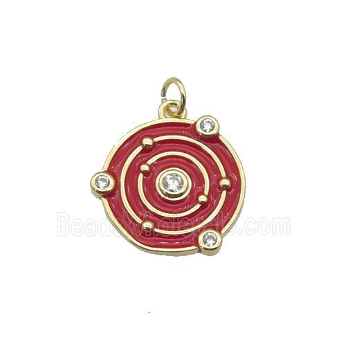 Copper Planet Pendant Pave Zirconia Red Enamel Gold Plated