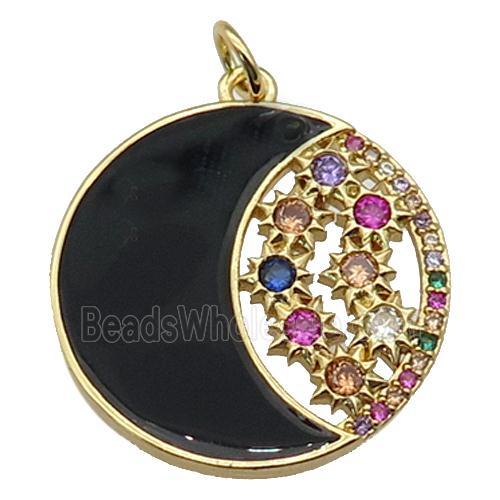 copper circle Moon pendant paved zircon with black enamel, gold plated