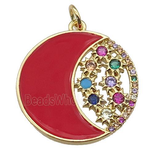 copper circle Moon pendant paved zircon red black enamel, gold plated