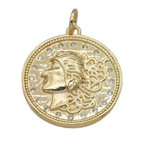 copper coin pendant paved zircon, gold plated