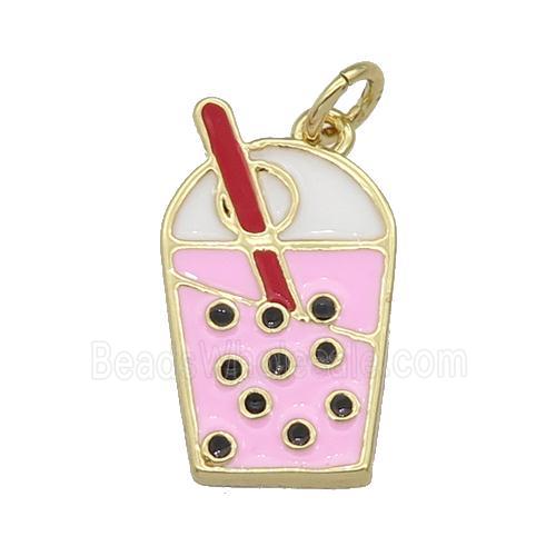 copper milkTea charm pendant with pink enamel, drinks, gold plated
