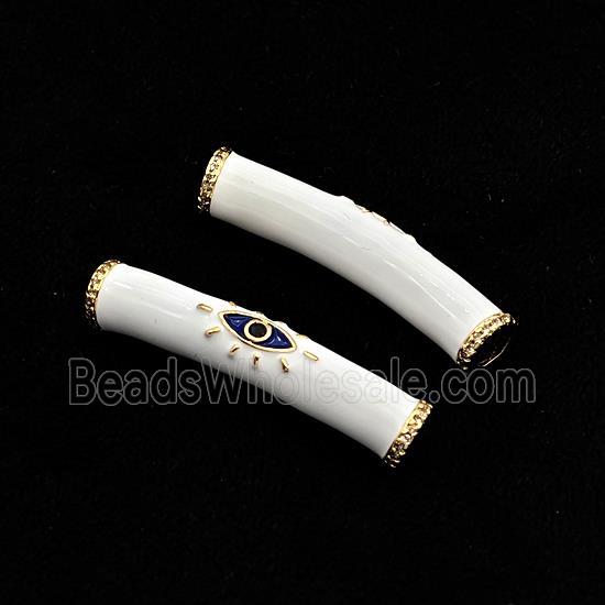copper curved tube beads with white enamel, eye, gold plated