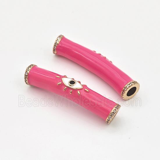 copper curved tube beads with hotpink enamel, eye, gold plated