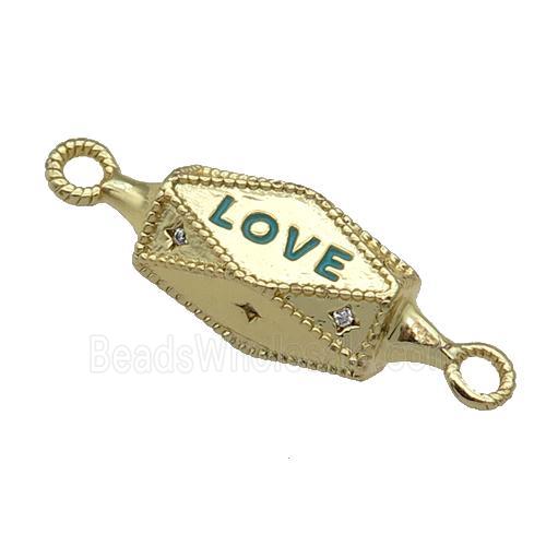 copper hexagon connector paved zircon, LOVE, gold plated