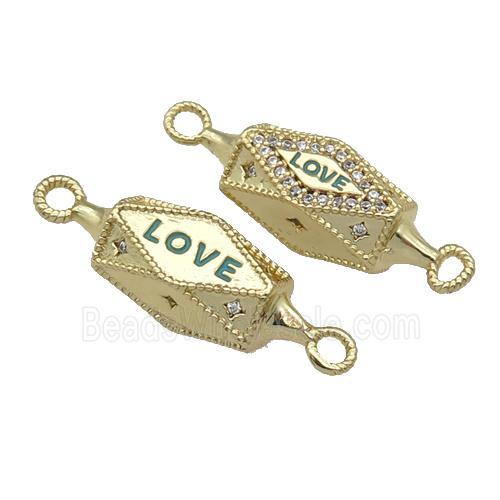 copper hexagon connector paved zircon, LOVE, gold plated