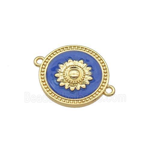 copper coin flower connector with blue enamel, gold plated