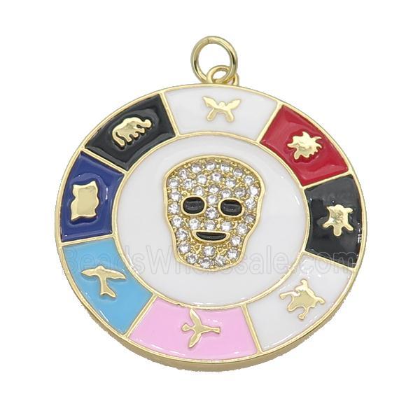 copper circle astrology pendant paved zircon, Skull, medallion, gold plated