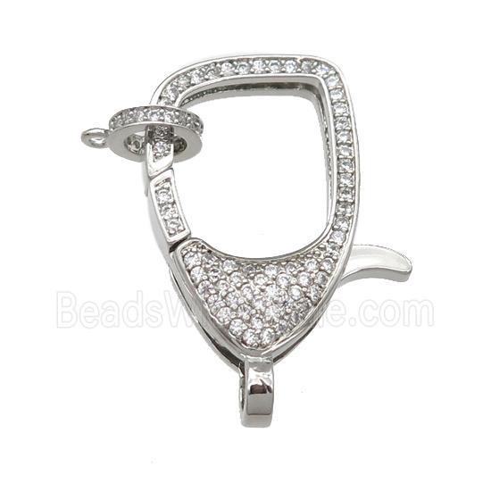 copper Lobster Clasp paved clear zircon, platinum plated