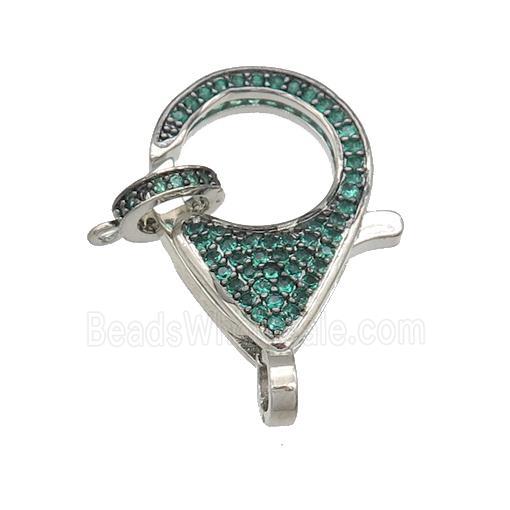 copper Lobster Clasp paved green zircon, platinum plated
