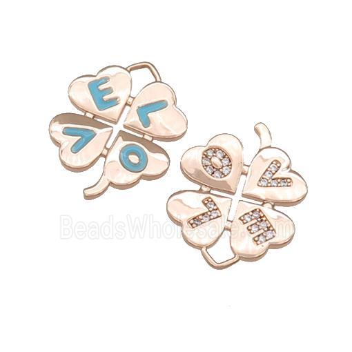 copper Clover pendant paved zircon, enamel, LOVE, rose gold
