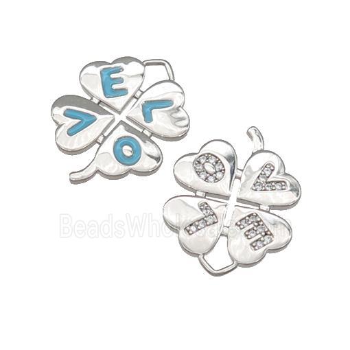 copper Clover pendant paved zircon, enamel, LOVE, platinum plated