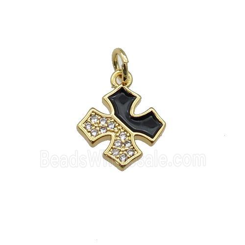 copper cross pendant paved zircon with black enamel, gold plated