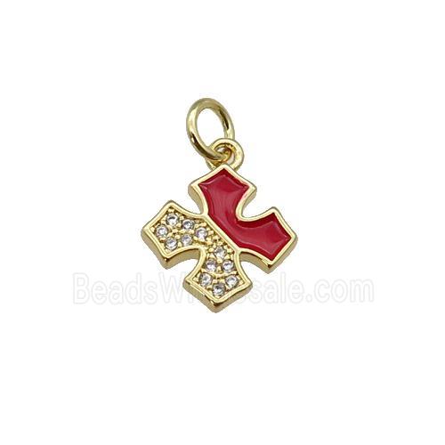 copper cross pendant paved zircon with red enamel, gold plated
