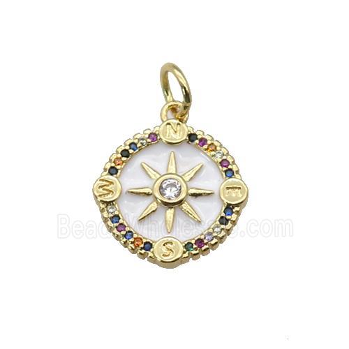copper Compass pendant paved zircon with white enamel, gold plated