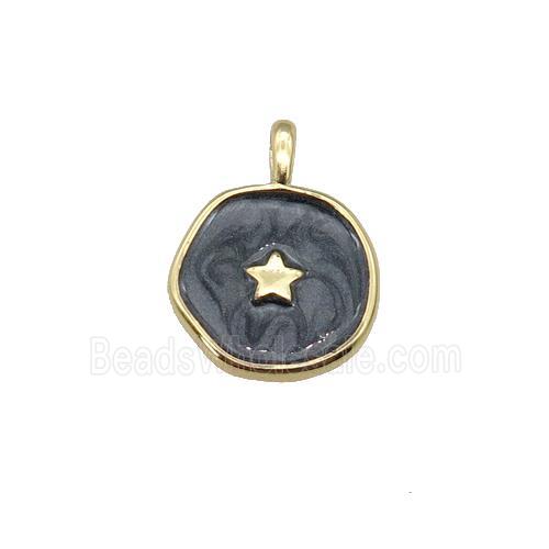 copper coin pendant with black enamel, star, gold plated