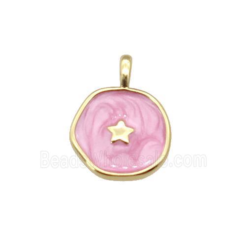copper coin pendant with pink enamel, star, gold plated
