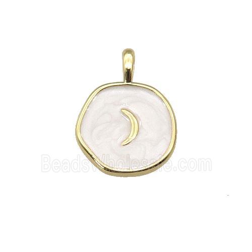 copper coin pendant with white enamel, moon, gold plated