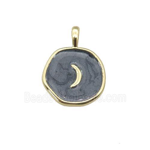 copper coin pendant with black enamel, moon, gold plated