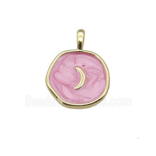 copper coin pendant with pink enamel, moon, gold plated