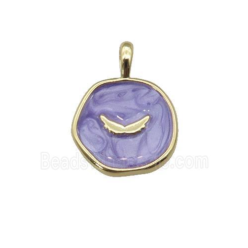 copper coin pendant with lavender enamel, wing, gold plated