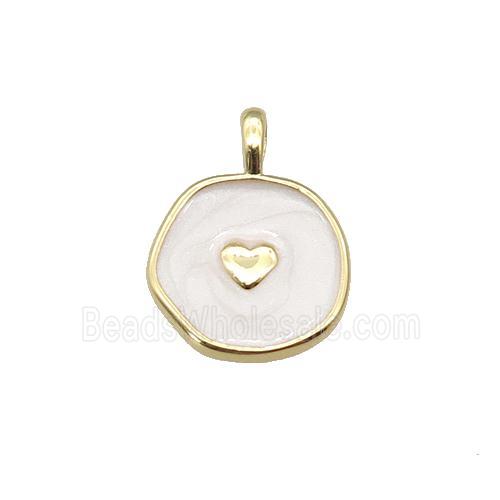 copper coin pendant with white enamel, heart, gold plated