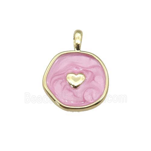 copper coin pendant with pink enamel, heart, gold plated