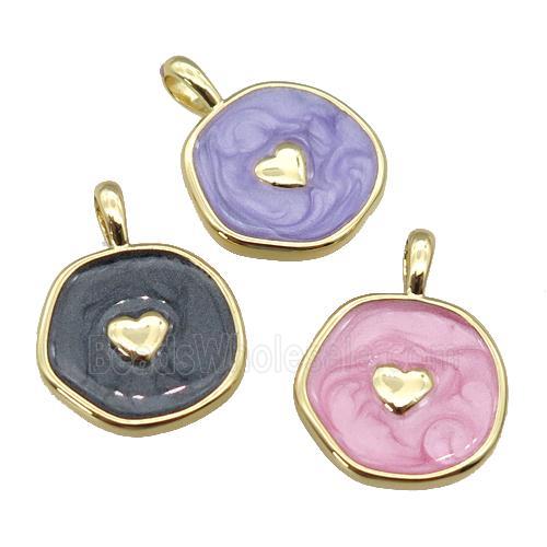copper coin circle pendant with enamel, heart, gold plated, mixed