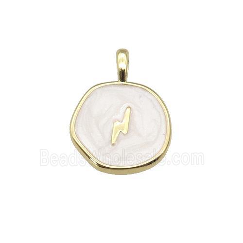copper coin pendant with white enamel, lightning, gold plated