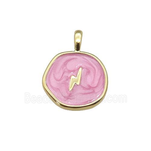 copper coin pendant with pink enamel, lightning, gold plated