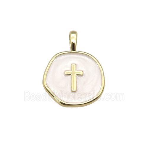 copper coin pendant with white enamel, cross, gold plated