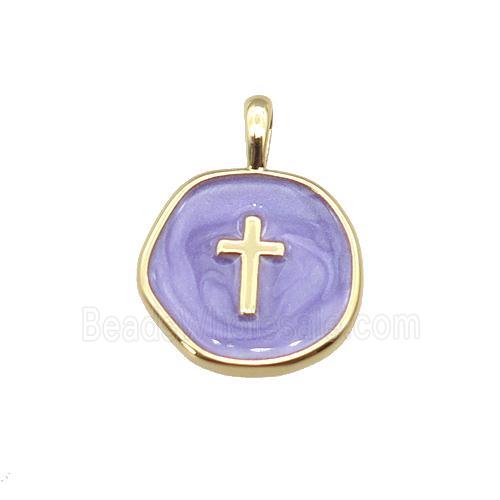 copper coin pendant with lavender enamel, cross, gold plated