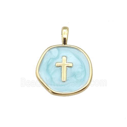 copper coin pendant with teal enamel, cross, gold plated