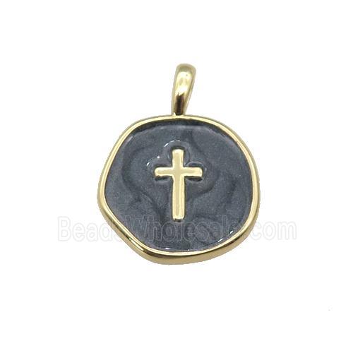 copper coin pendant with black enamel, cross, gold plated
