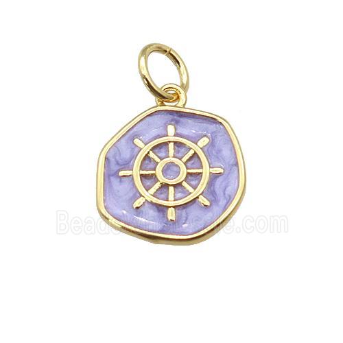 copper coin pendant with lavender enamel, ships wheel, gold plated