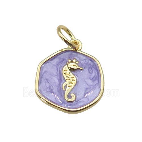 copper coin pendant with lavender enamel, seahorse, gold plated
