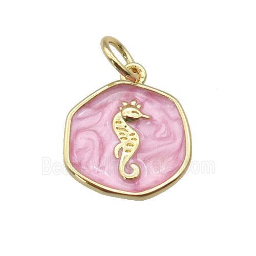 copper coin pendant with pink enamel, seahorse, gold plated