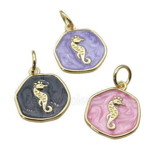 copper coin circle pendant with enamel, seahorse, gold plated, mixed