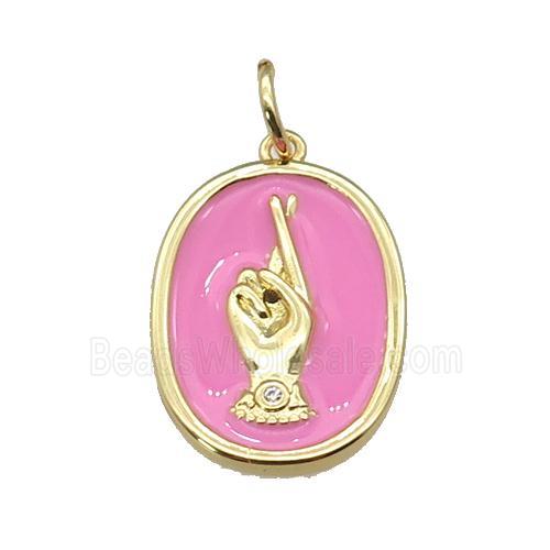 copper oval pendant with pink enamel, hand, gold plated