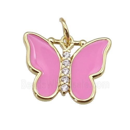 copper Butterfly pendant paved zircon with pink enamel, gold plated