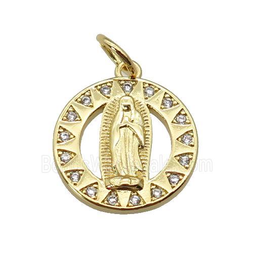 copper Virgin Mary pendant paved zircon, gold plated
