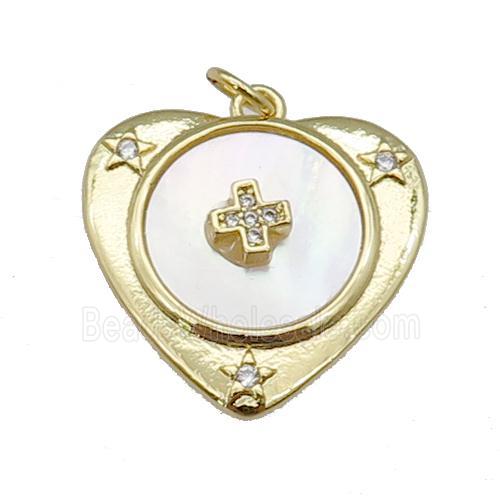 copper Heart pendant paved zircon, cross shell, gold plated