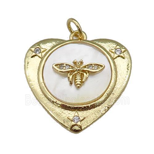copper Heart pendant paved zircon, bee shell, gold plated