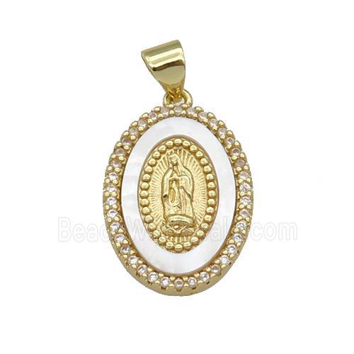 copper Virgin Mary pendant paved zircon, shell, gold plated
