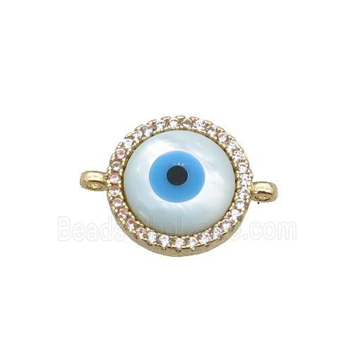 copper circle connector paved zircon with Pearlized Shell Evil Eye, gold plated