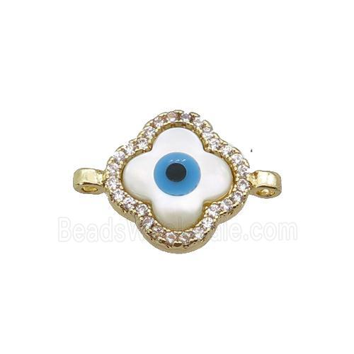 copper clover connector paved zircon with Pearlized Shell Evil Eye, gold plated