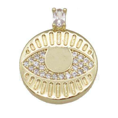 copper circle pendant paved zircon, eye, gold plated