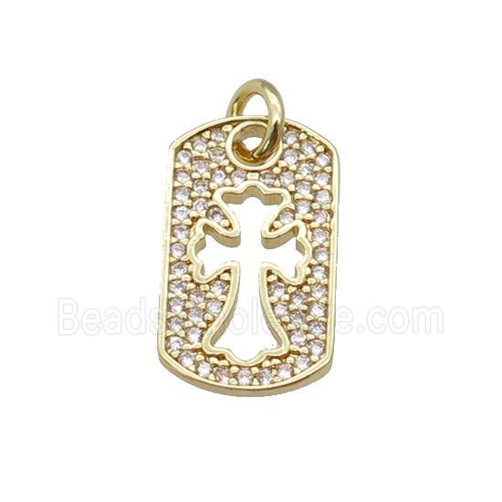 copper rectangle cross pendant paved zircon, gold plated