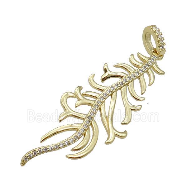 copper Feather pendant paved zircon, gold plated