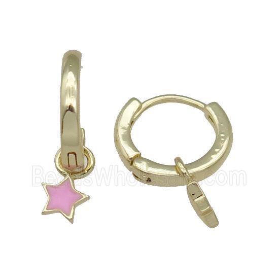 copper Hoop Earring with pink enamel star, gold plated
